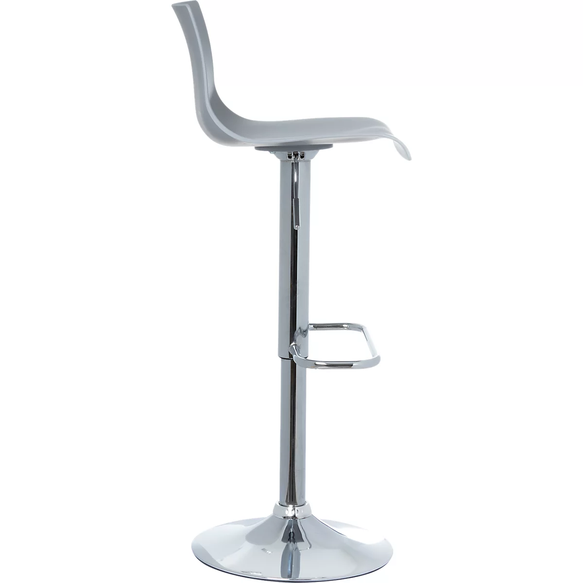 Grey bar stool with a curved backrest and chrome base. The seat is oval and the frame is height-adjustable.