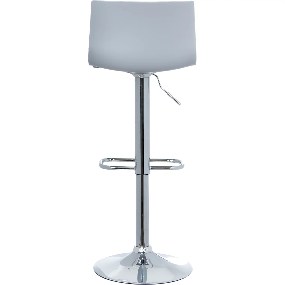 Grey bar stool with chrome frame, on a white background.