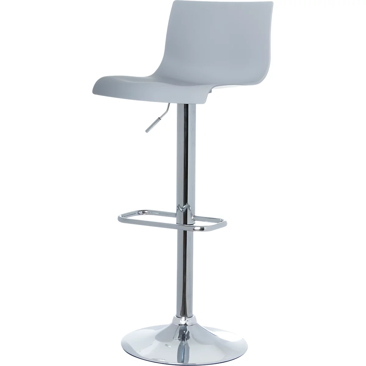Gray bar stool with chrome frame. The seat is slightly curved, the footrest is angular.
