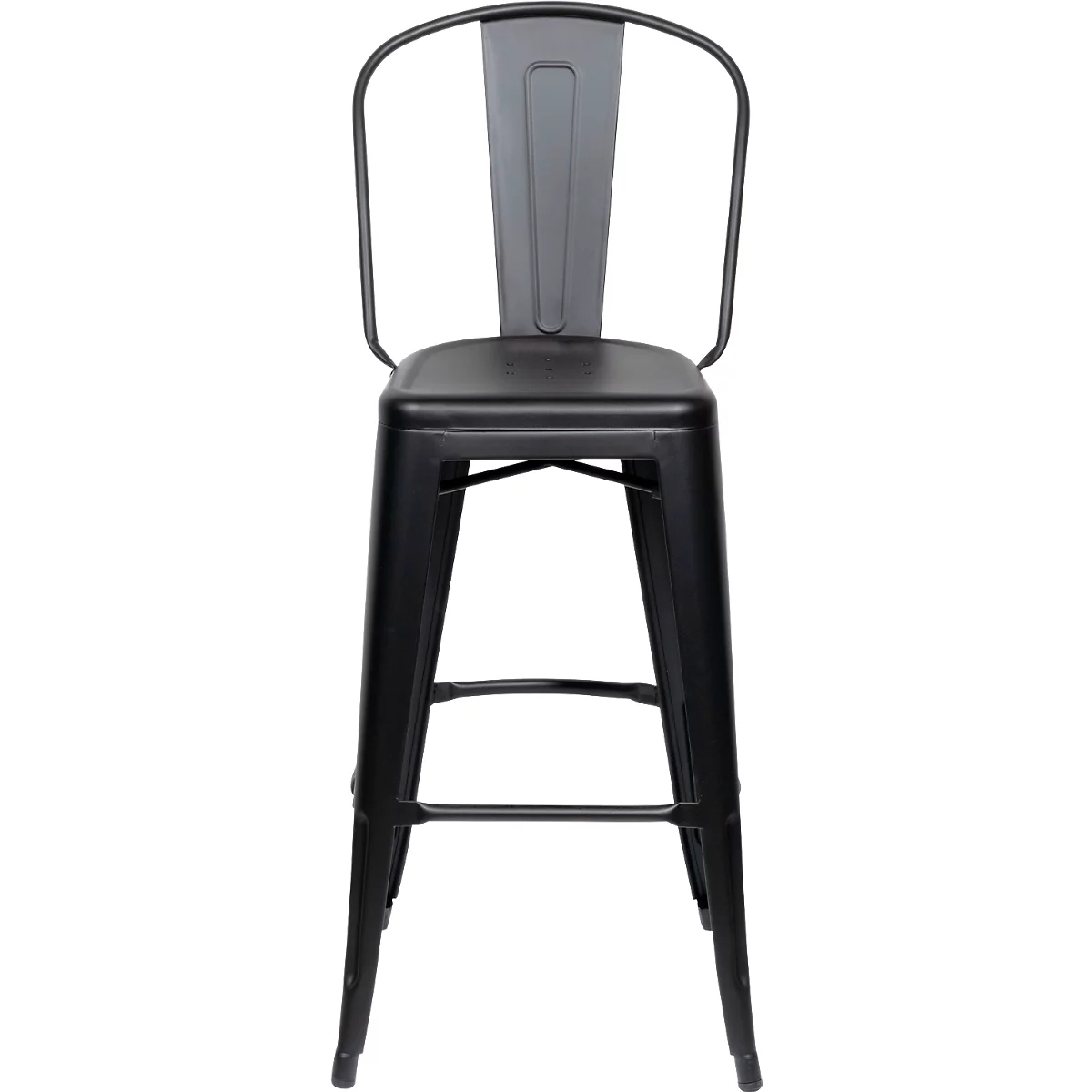 Black metal bar stool with backrest. The seat is rectangular, the legs are slightly splayed.