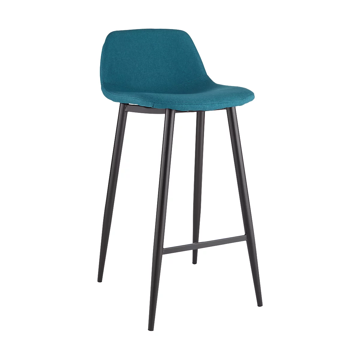 A bar stool with a teal seat and black legs. Modern design.
