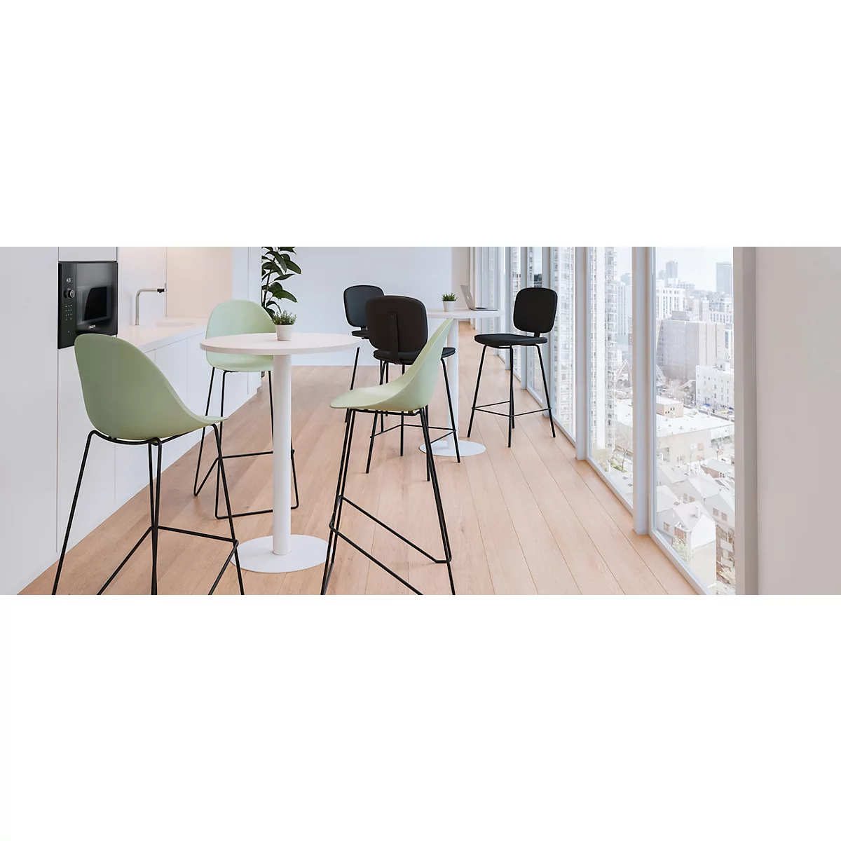 Modern dining set with stools and a table in a bright, urban environment. A window provides a view of a cityscape.