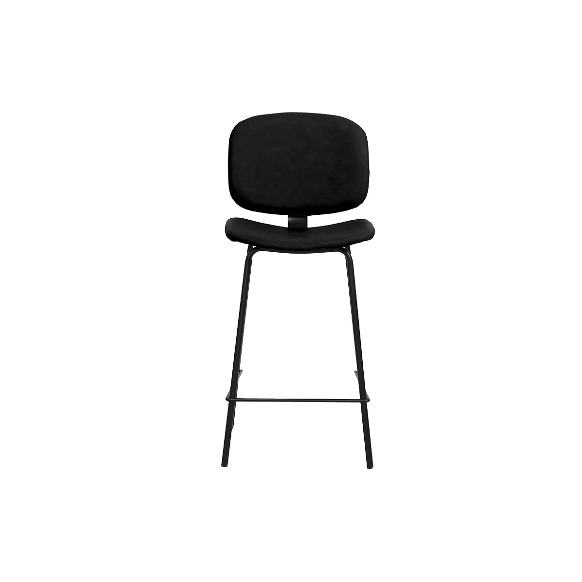 A black bar stool on a white background. The stool has a backrest and four slender legs.