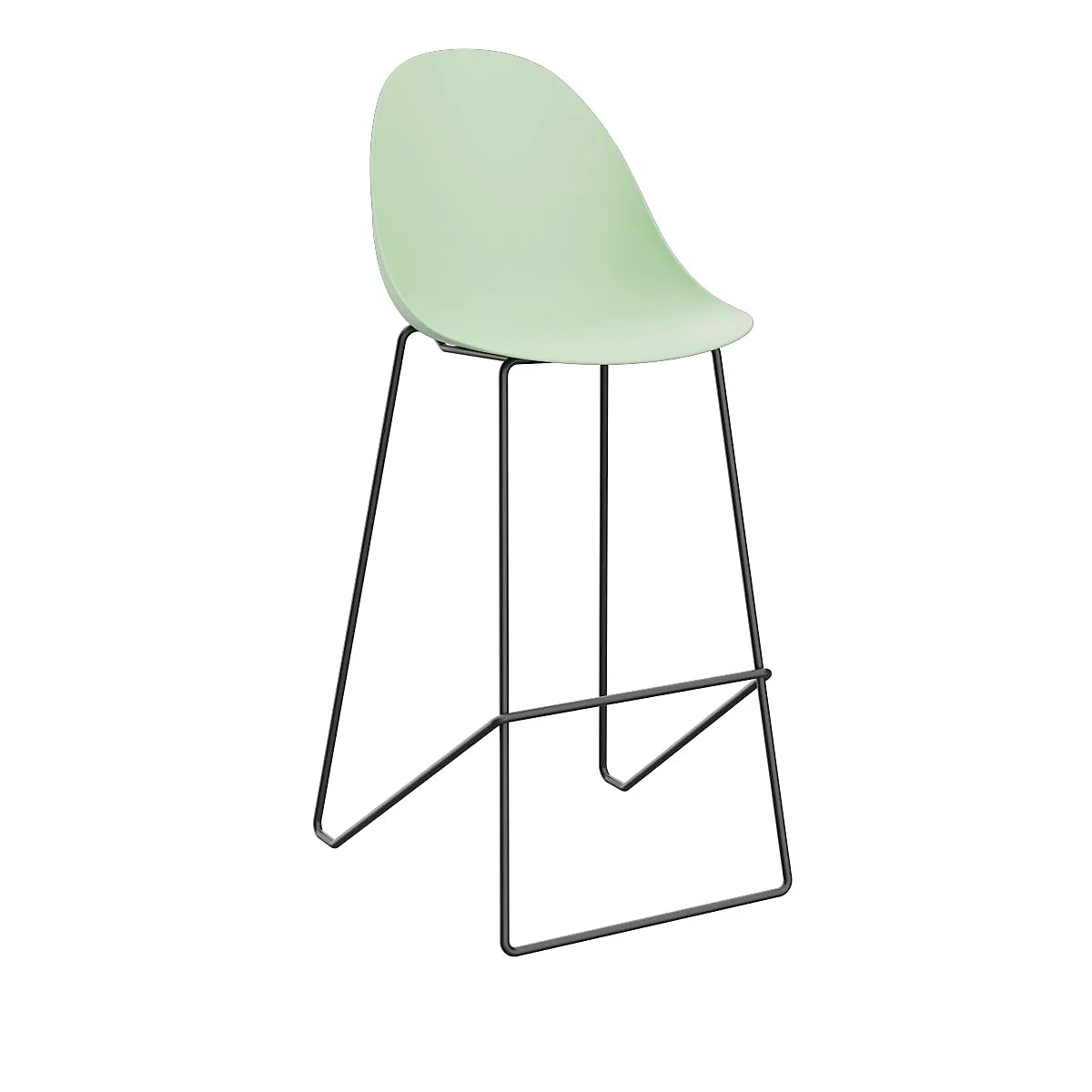 A bar stool with a light green seat and a black metal frame. The seat is smooth and teardrop-shaped. The frame is minimalist.