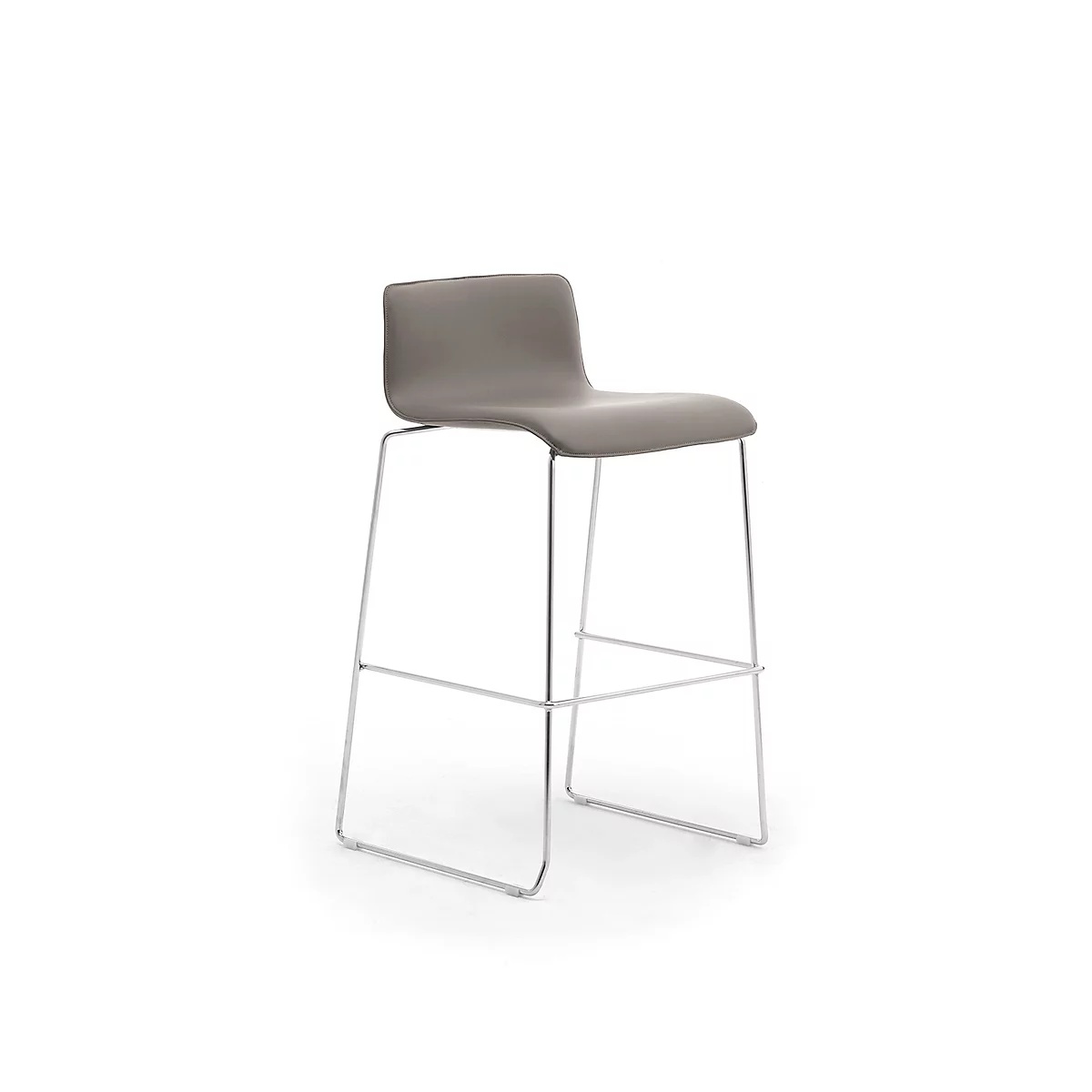 Grey bar stool with chrome frame on white background.