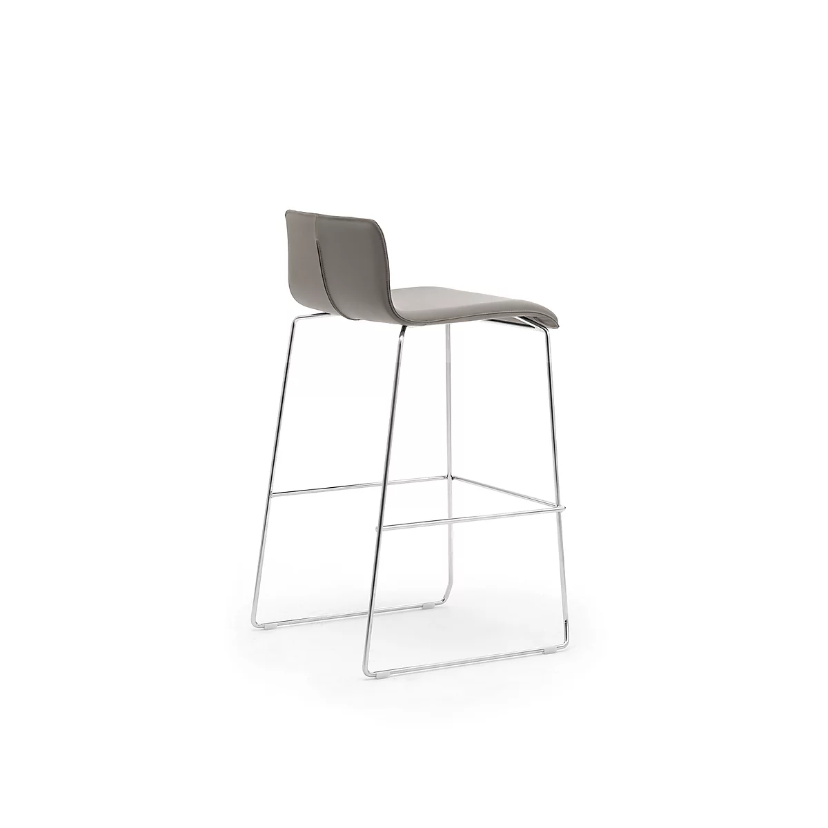 A gray metal bar stool, seen from the back, on a white background. The seat and backrest are made of gray fabric.