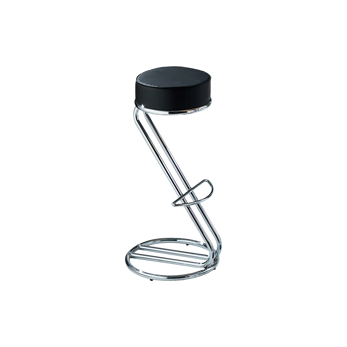 Black bar stool with a round seat on a chrome frame.