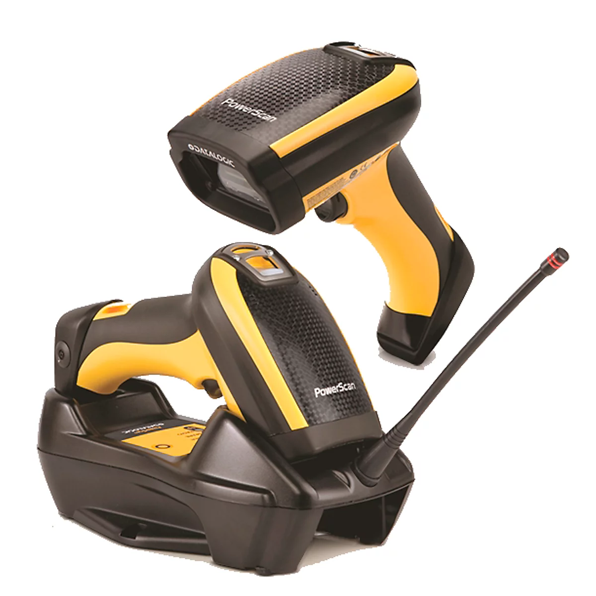 Zwei gelb-schwarze Barcodescanner, einer in der Ladestation, einer in der Hand, mit Funkantenne.