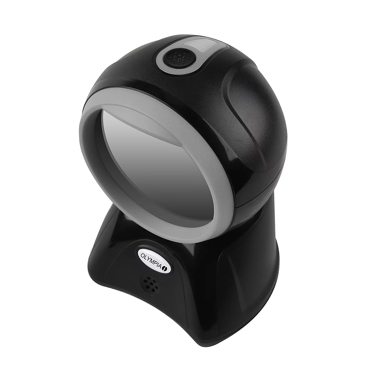 Schwarzer Barcode-Scanner mit weißem Rand und "Olympia"-Logo. Gerät steht aufrecht auf weißem Hintergrund.