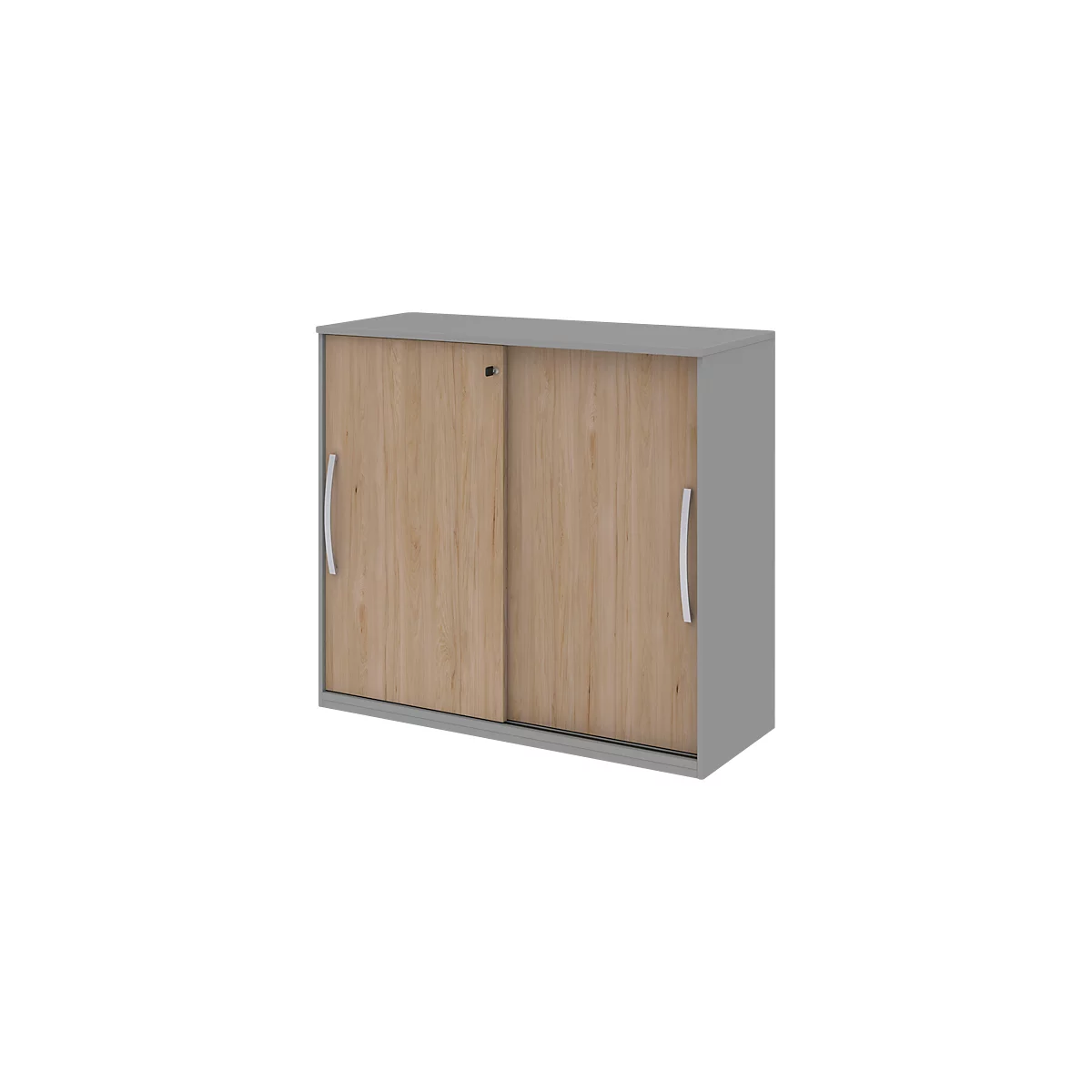 Gray cabinet with wood front with two sliding doors and silver handles.