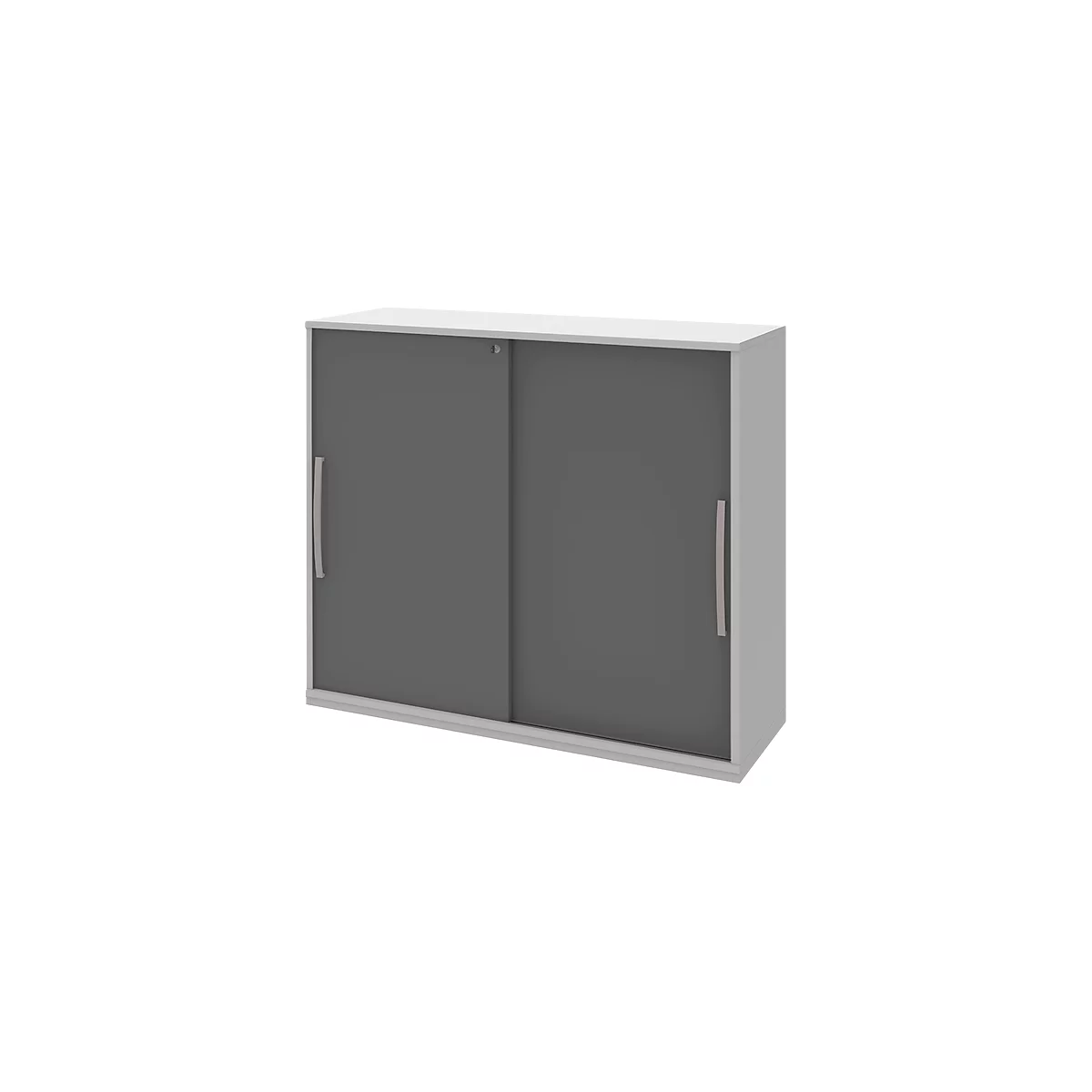 Grey cabinet with sliding doors and silver handles.