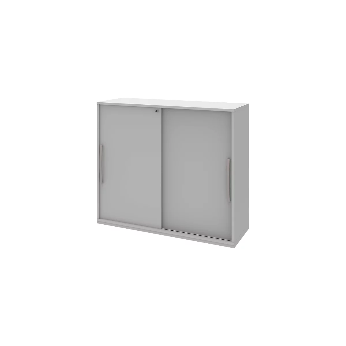 Gray cabinet with sliding doors and silver handles.