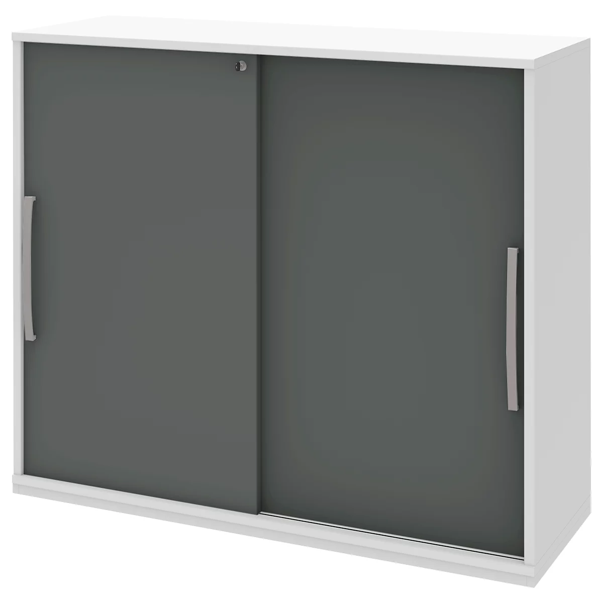 White cabinet with two gray sliding doors and silver handles.