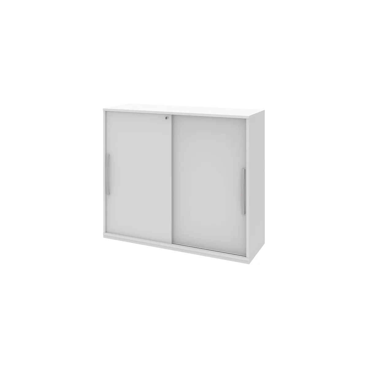 White cabinet with sliding doors, two silver handles, and a small keyhole.