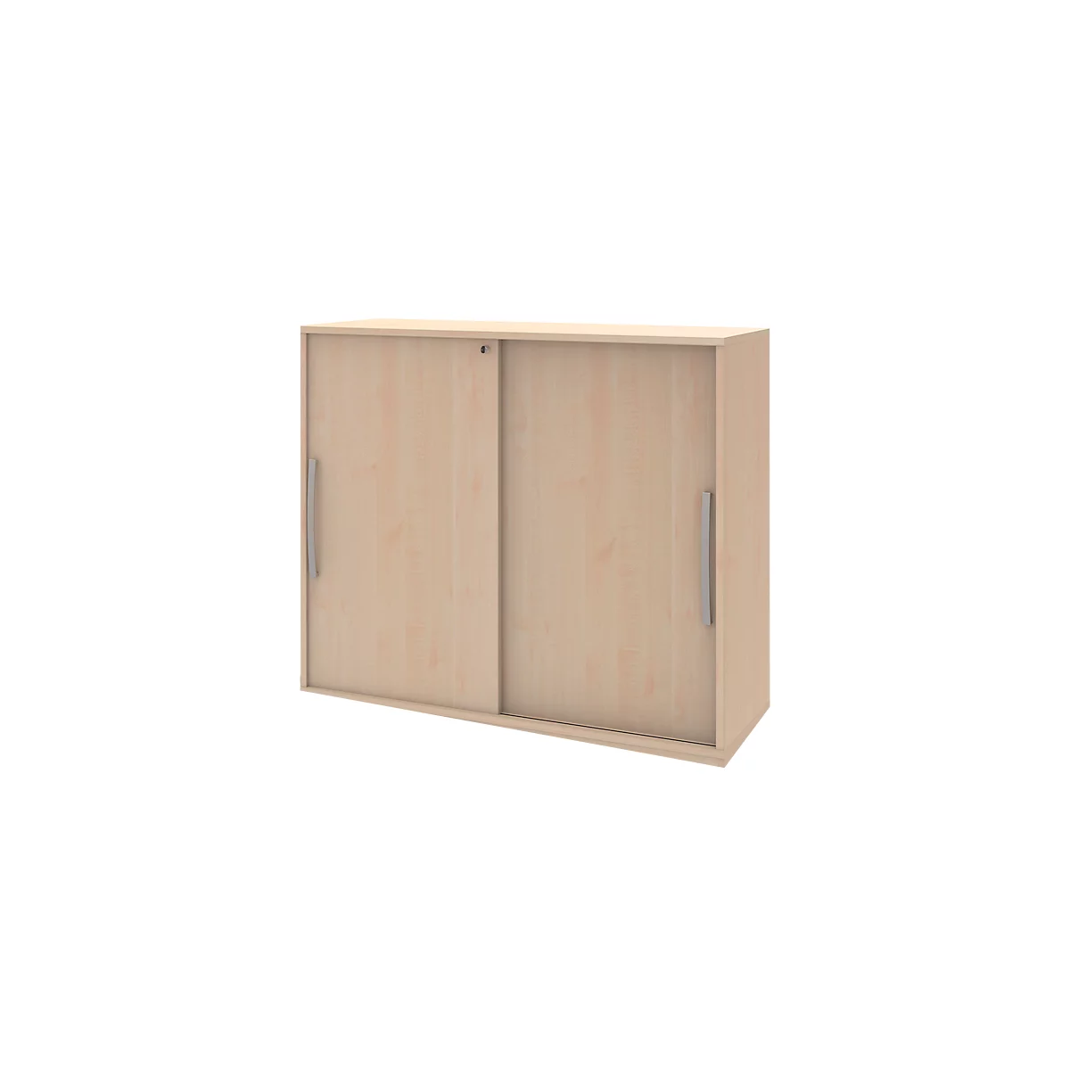 A beige cabinet with sliding doors. It has silver handles and a lock. Wood grain is visible.