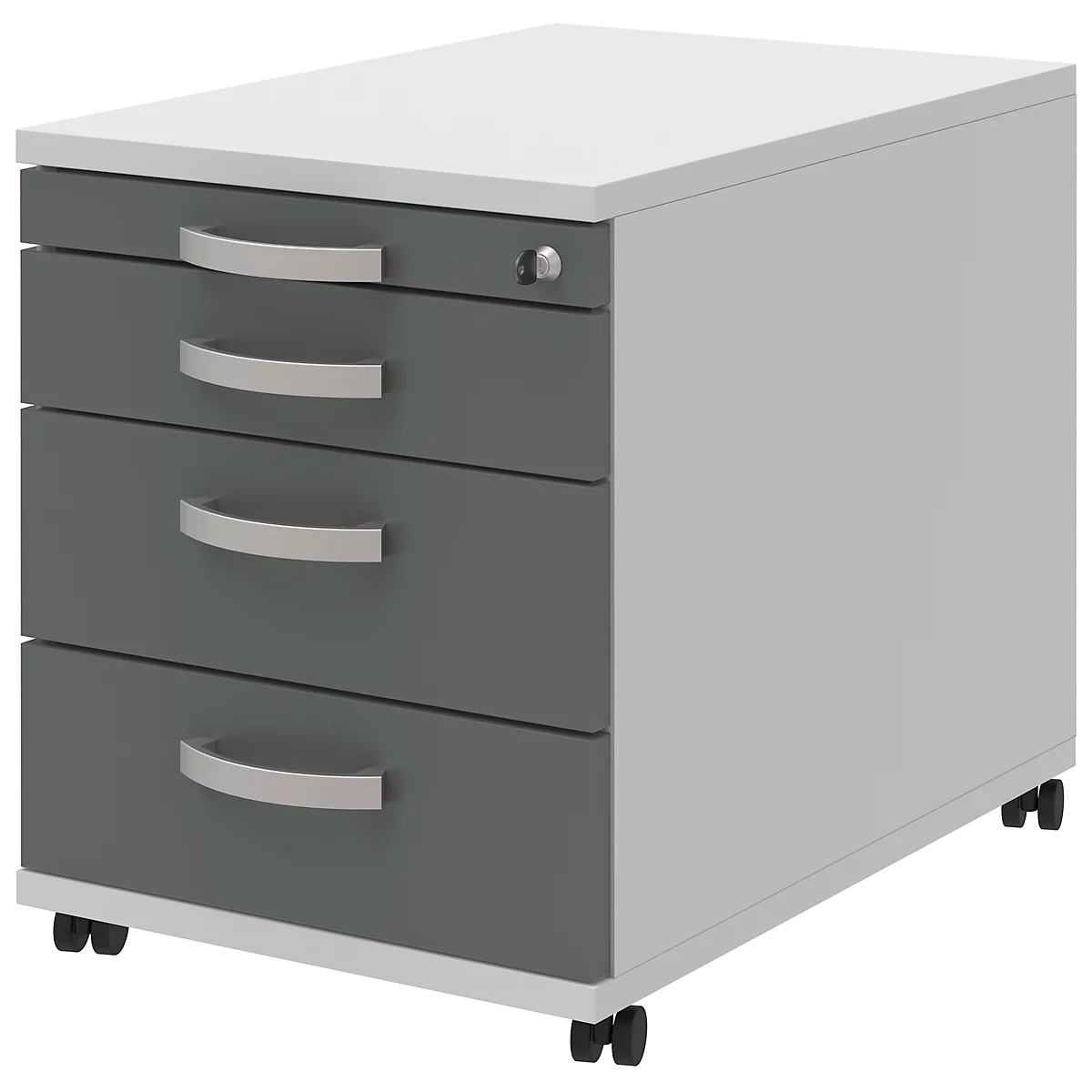 Grey and white rolling cabinet with four drawers. Drawers with silver handles, a lock on top. Standing on small wheels.