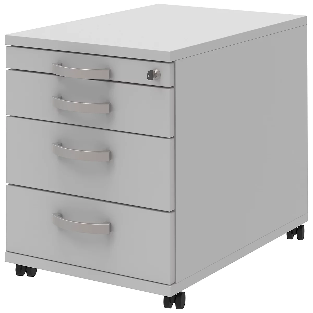 Light gray rectangular mobile pedestal with three drawers and silver handles. It stands on small wheels.