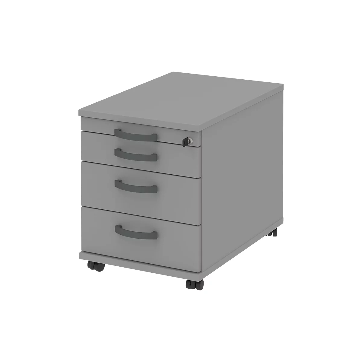 Gray, three-drawer office container with wheels and black handles. There is a lock on the top drawer.