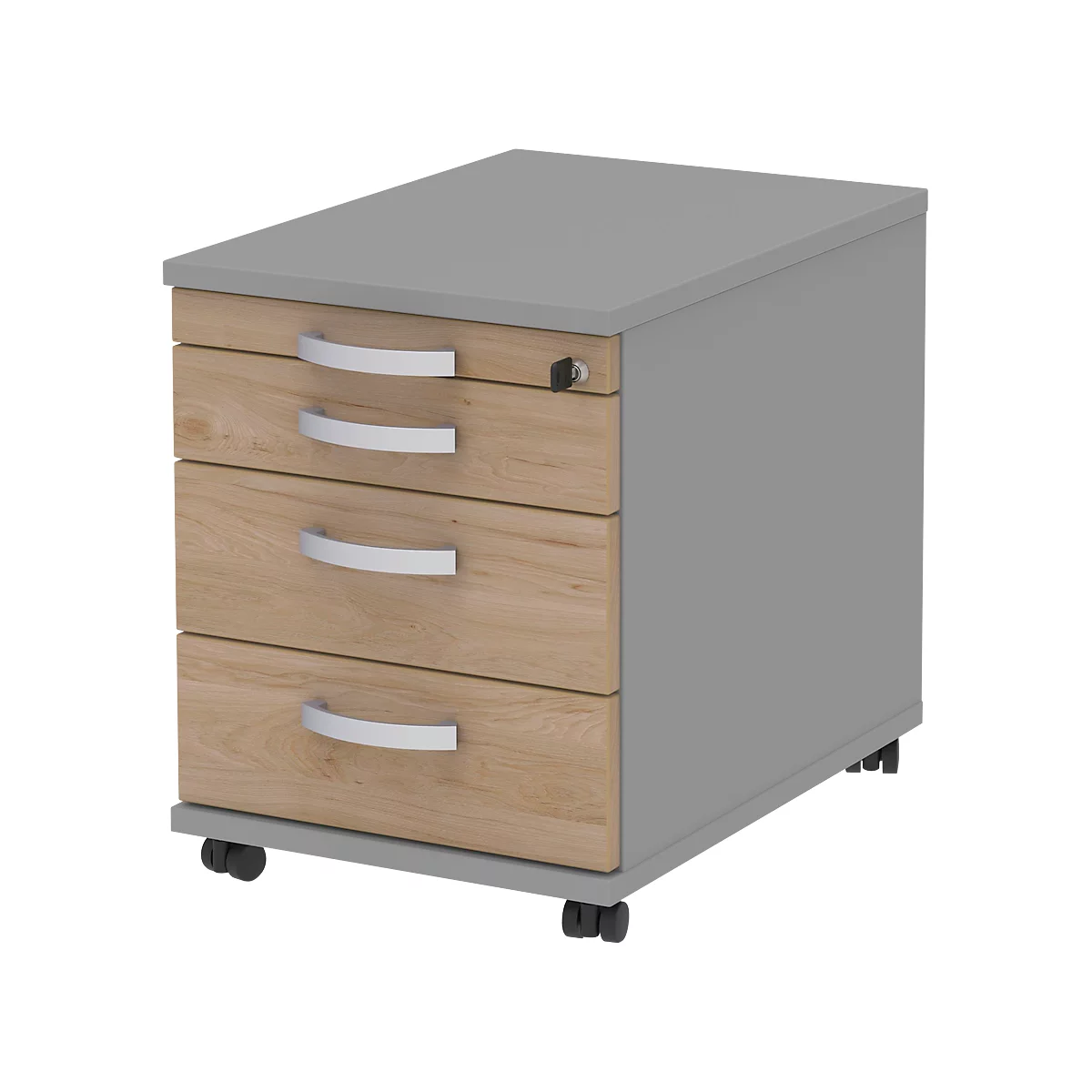 Gray rolling file cabinet with three drawers and silver handles. The drawers are made of light-colored wood.