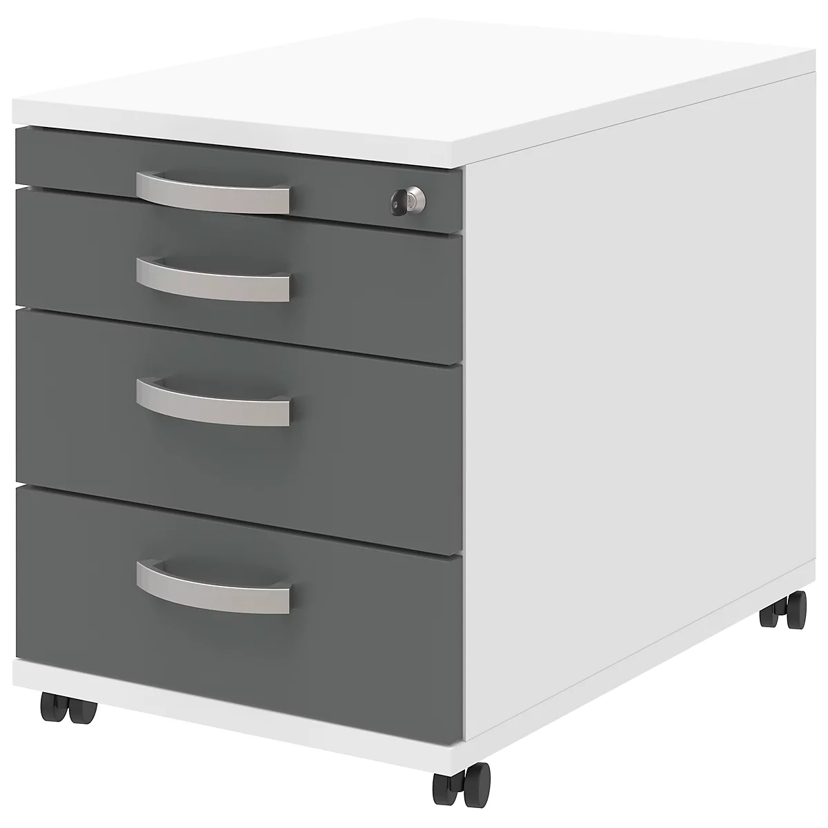 Mobile pedestal with four drawers in white and gray. Metal handles. Rollers at the bottom.