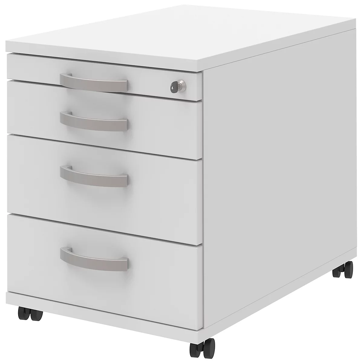 White rolling container with three drawers and silver handles. The piece of furniture stands on castors.