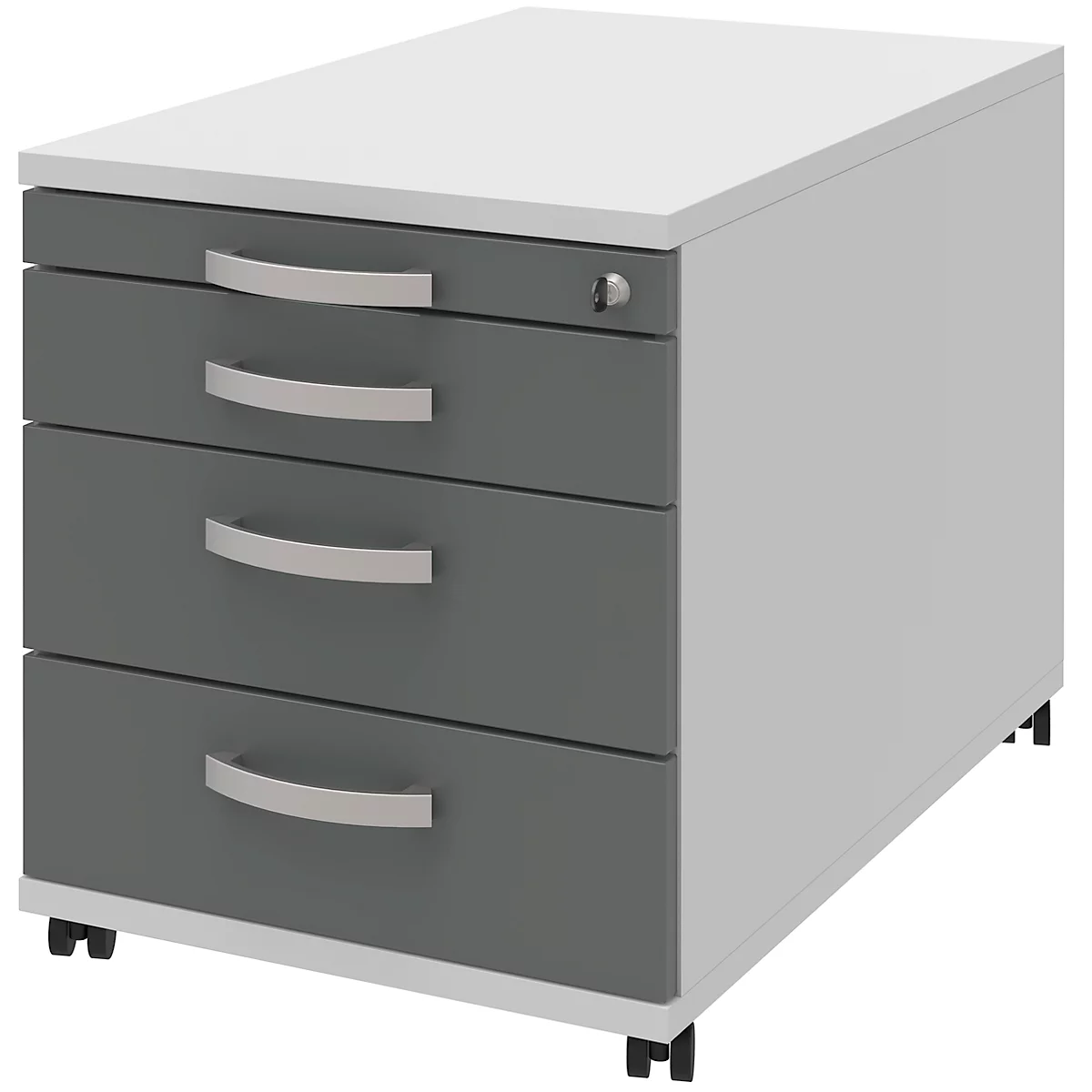 Grey mobile pedestal with three drawers, silver handles, lock and castors.