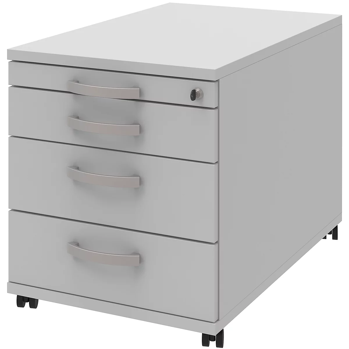 Gray three-drawer pedestal. The drawers have silver handles and black castors.