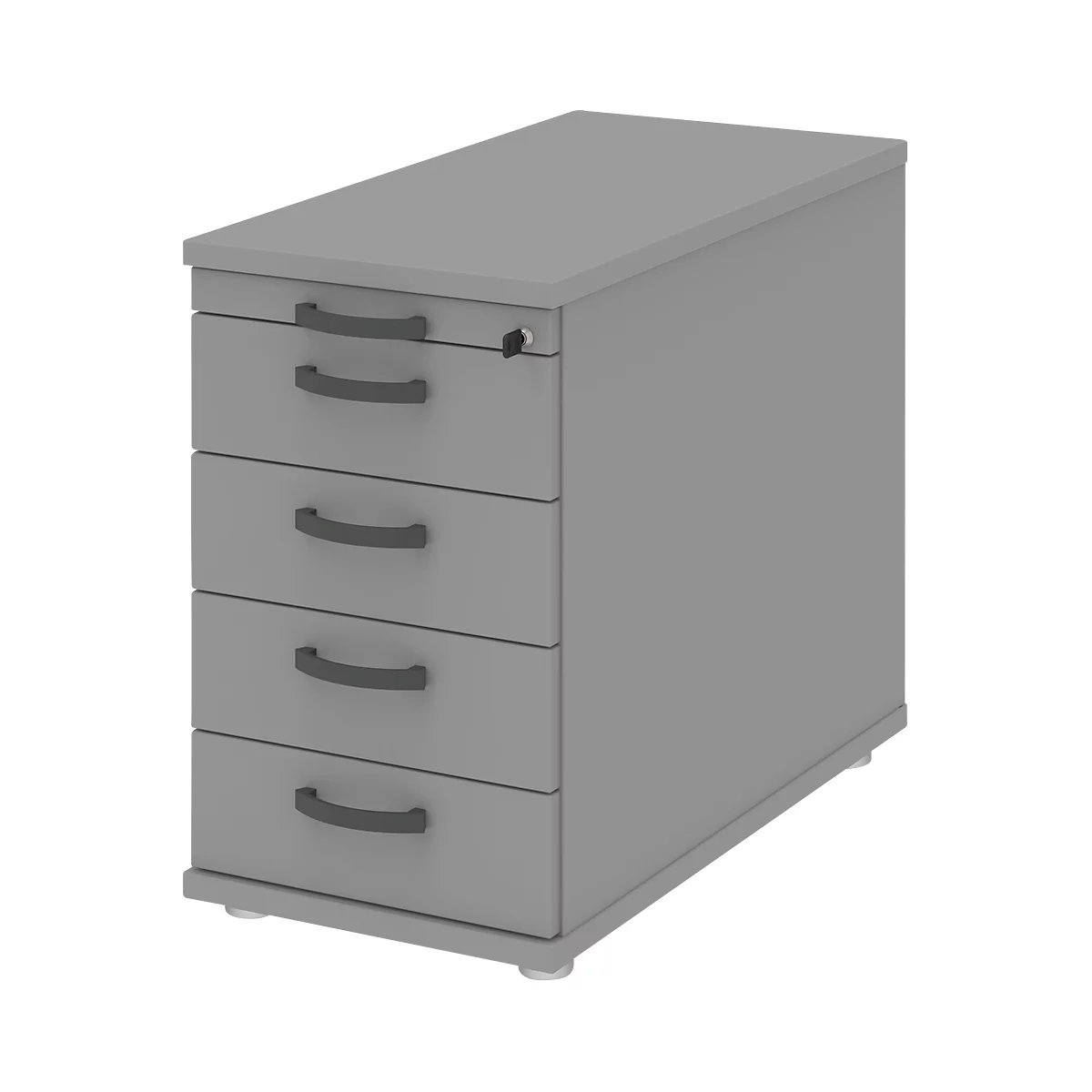 Gray, rectangular office cabinet with four drawers, dark handles and a keyhole.