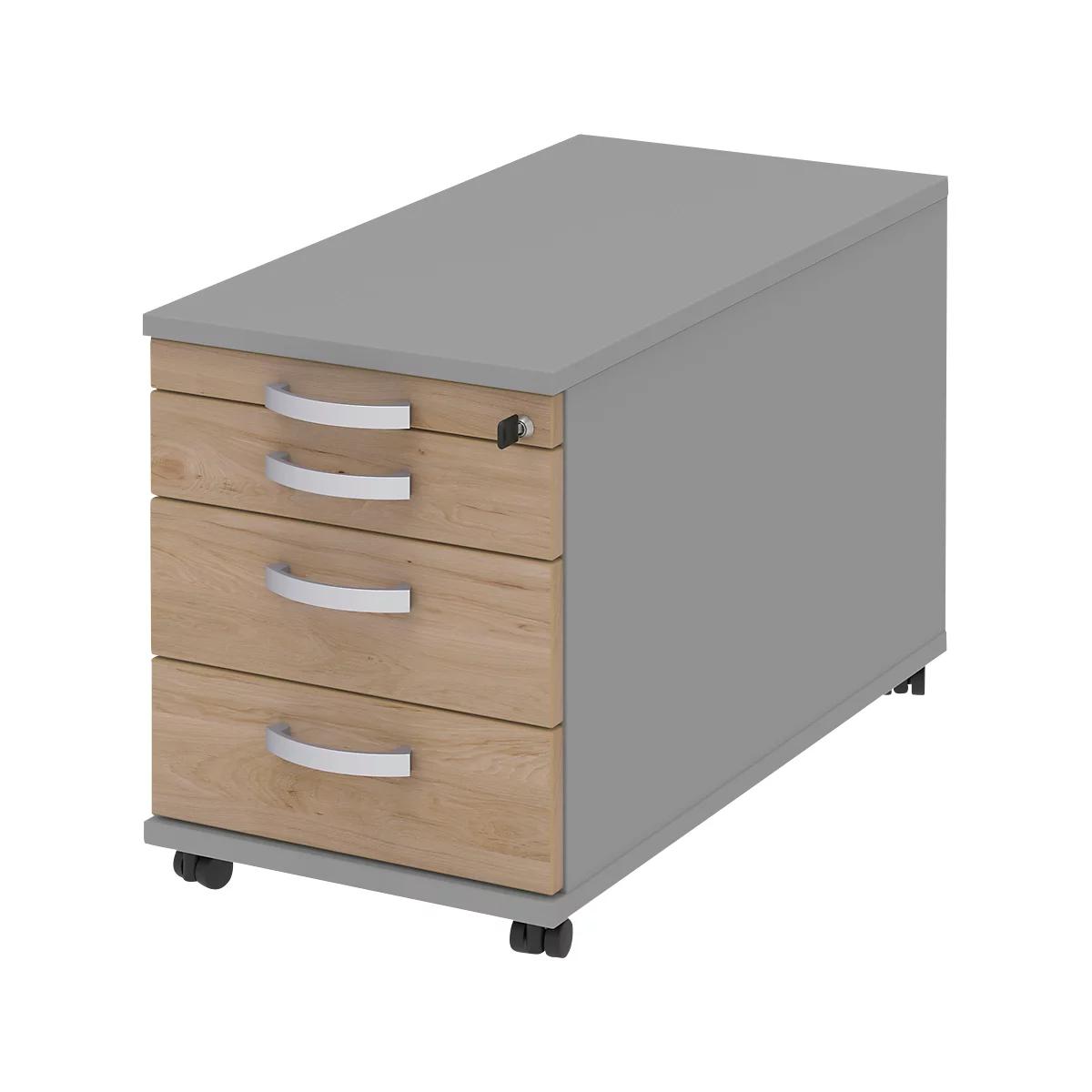 Grey mobile pedestal with three drawers and silver handles. The cabinet stands on castors.