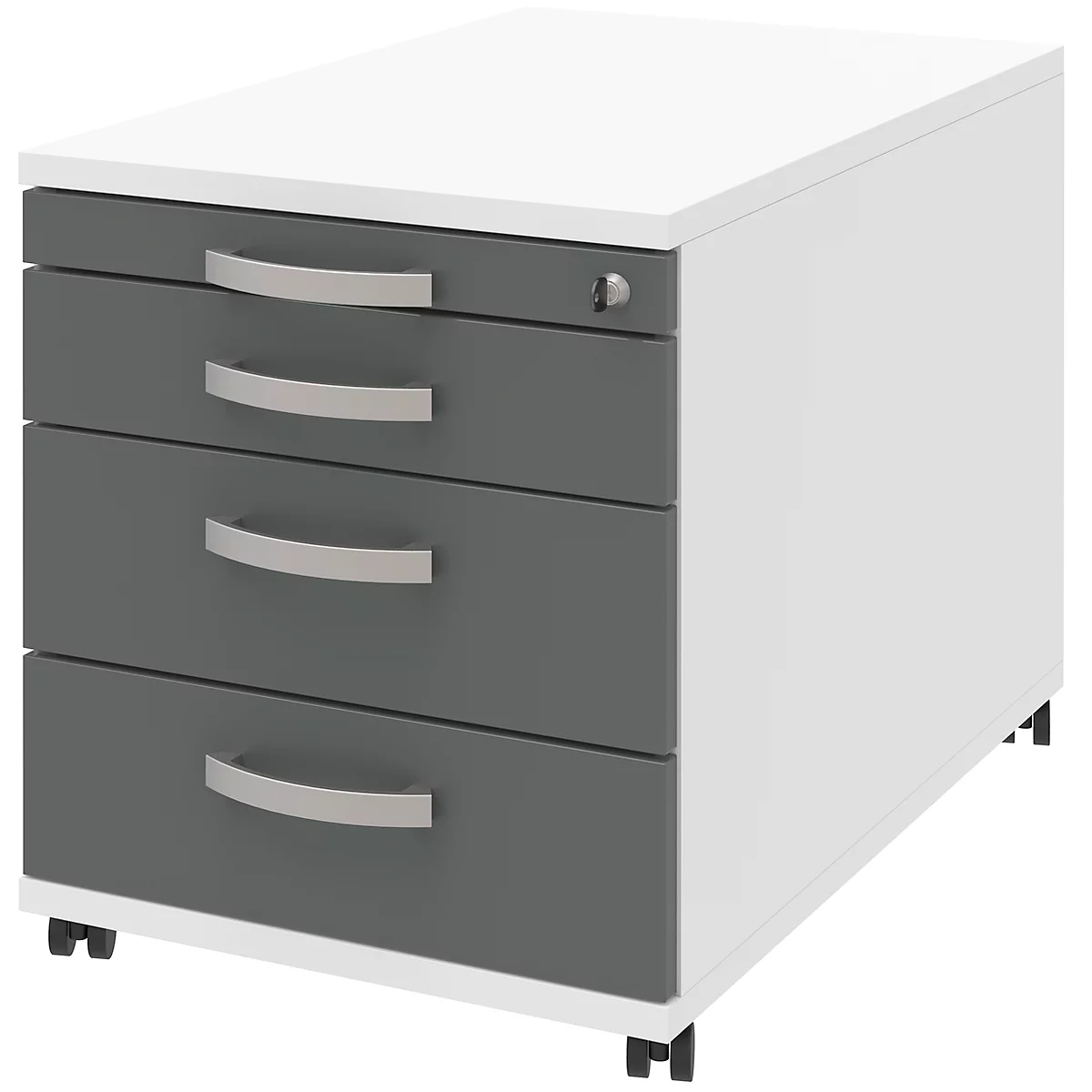 White mobile pedestal with three gray drawers and silver handles. On wheels.