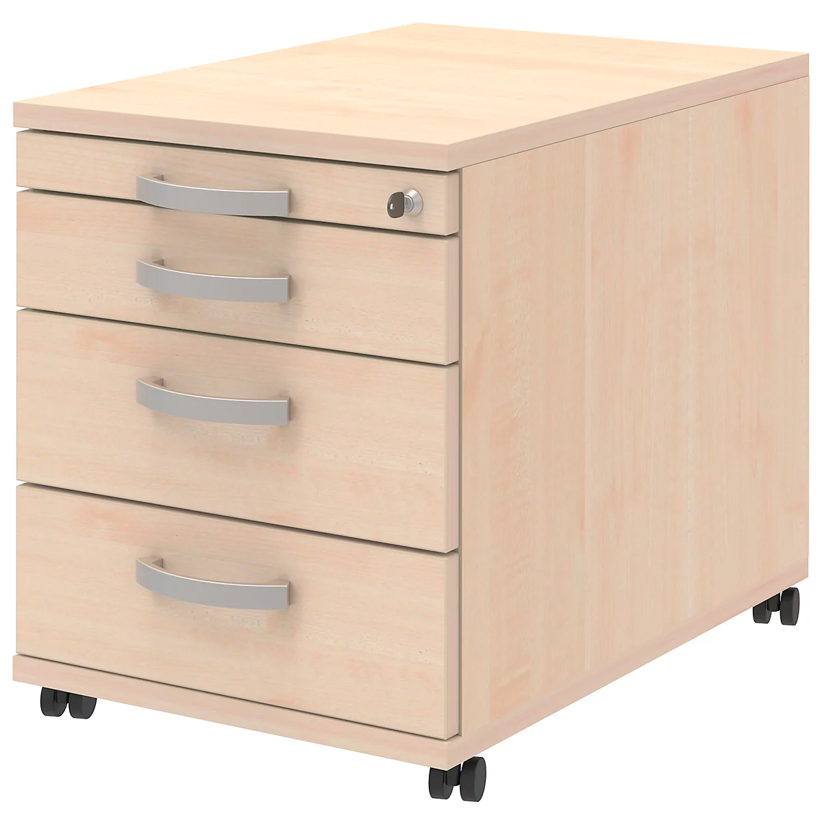 Beige roll container with three drawers and silver handles, stands on small wheels.