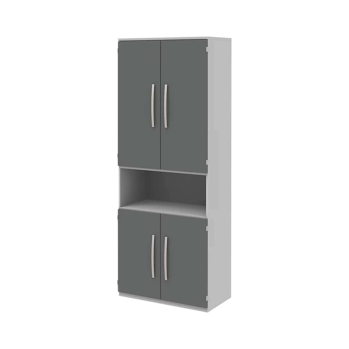 Tall cabinet in grey and white with doors and handles.