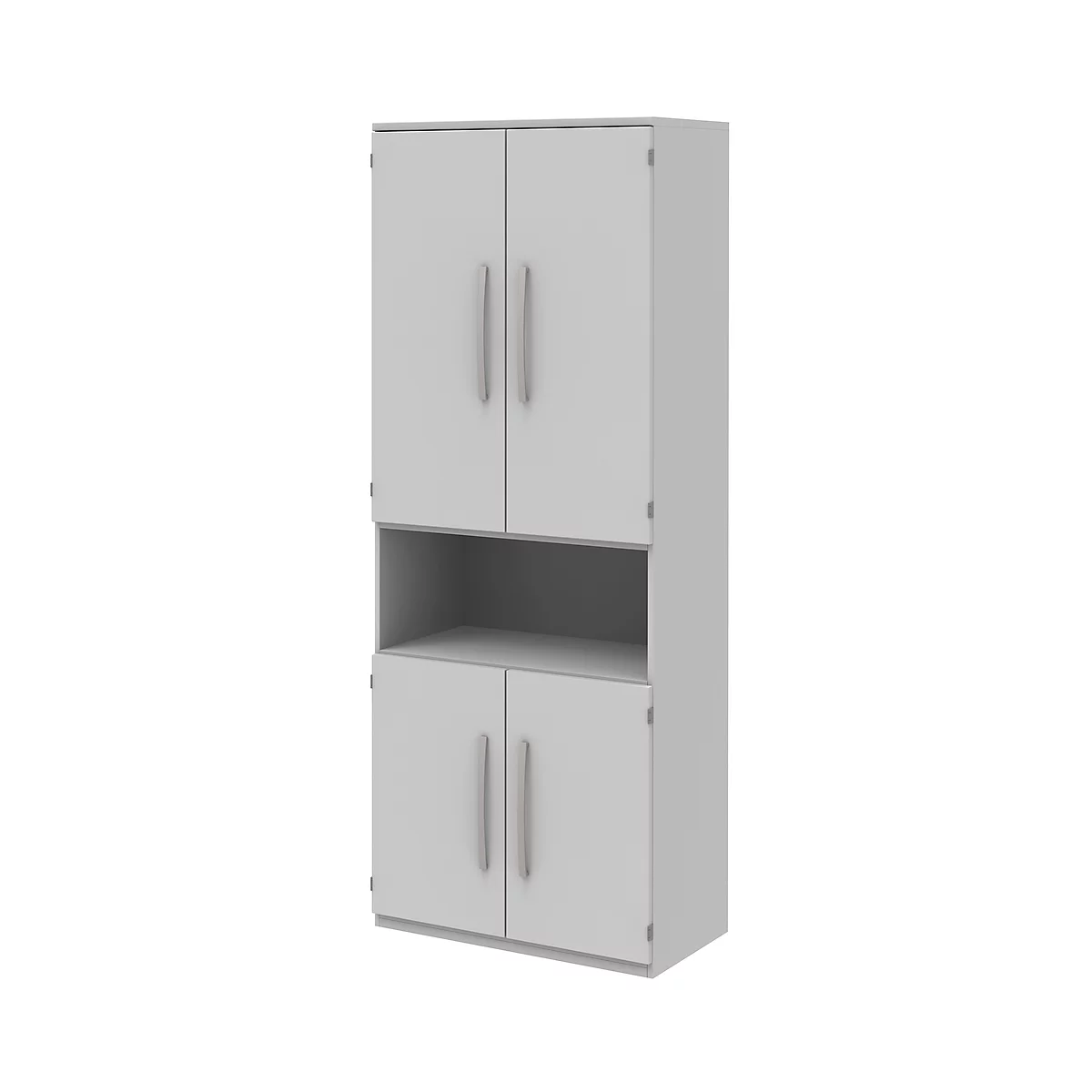 A grey cabinet with four doors, an open niche, and silver handles.