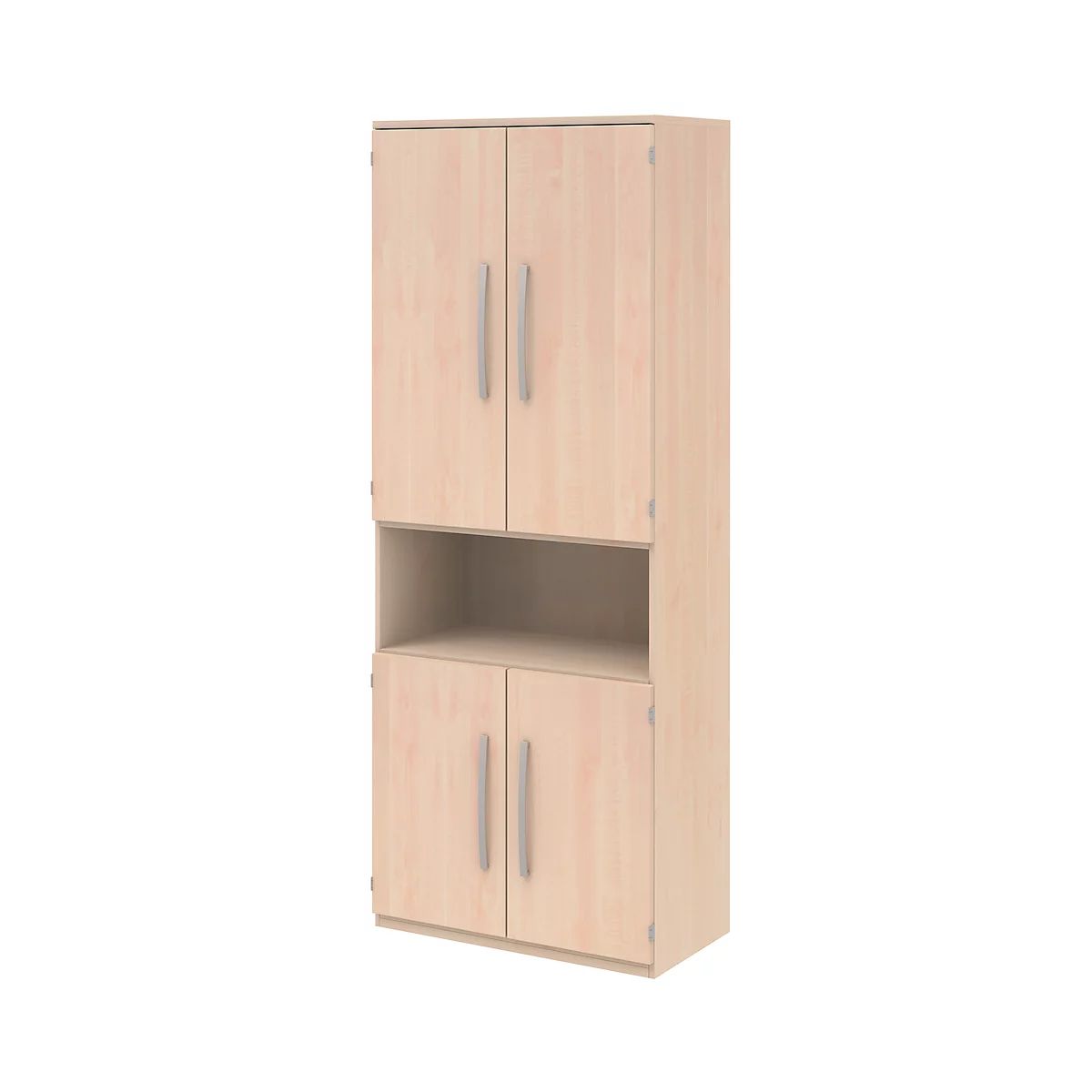 Tall wooden cabinet with doors and an open compartment. Metal handles on the doors. The background is white.