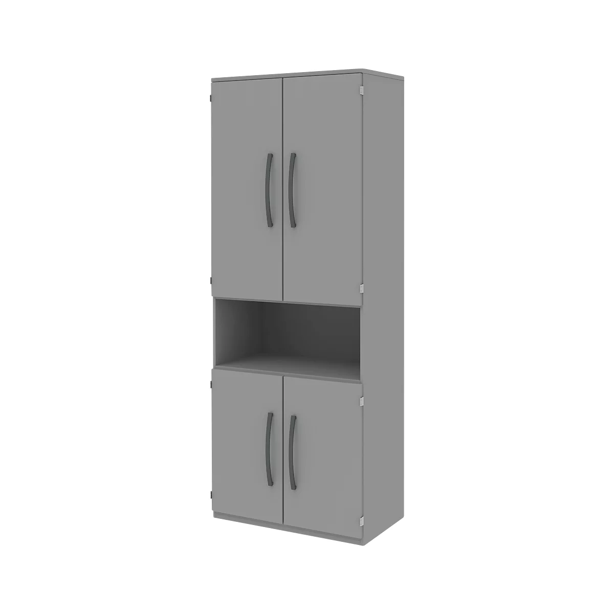 Gray cabinet with two doors above and below, an open compartment in between. Dark gray handles.