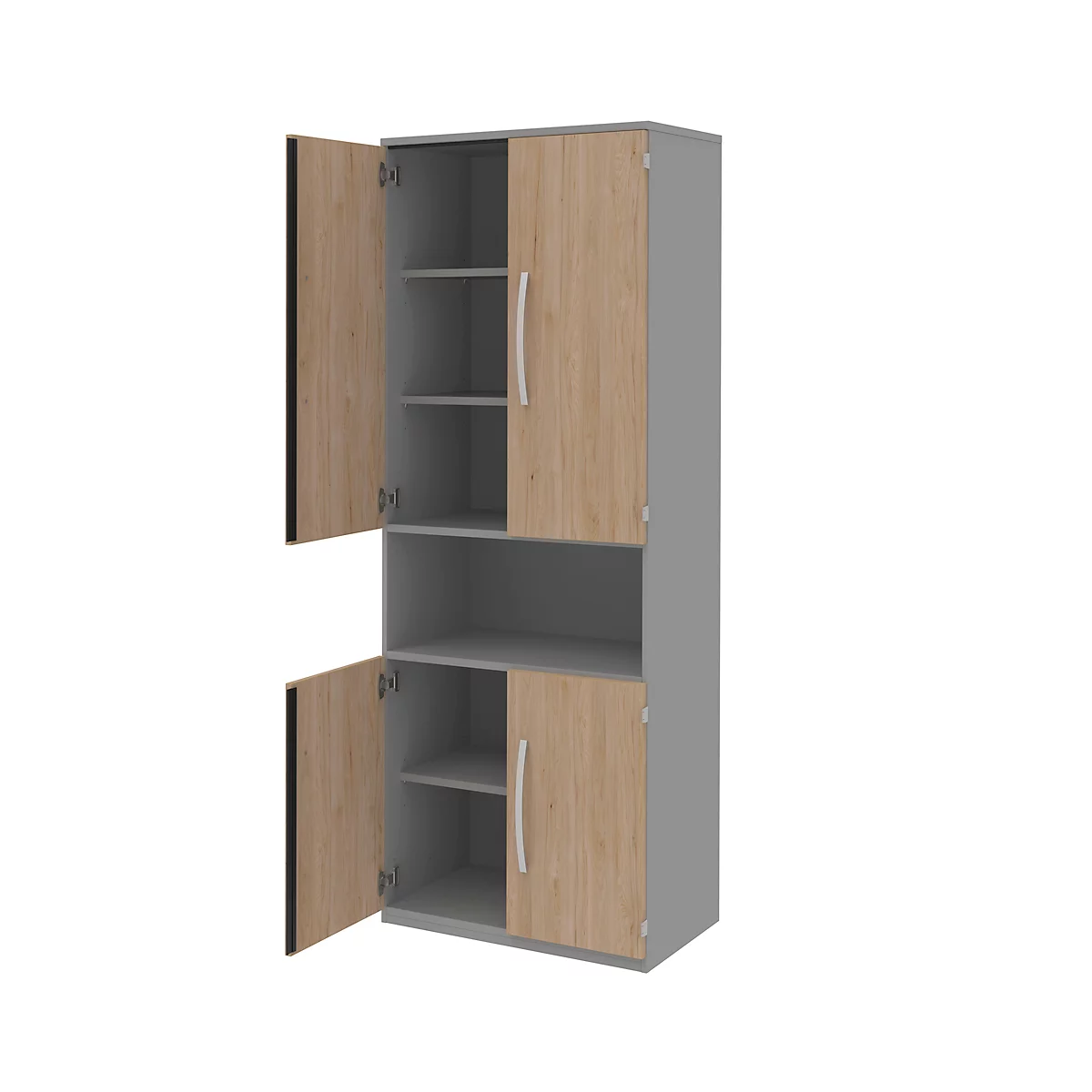 A gray cabinet with two doors, opened. The doors are made of wood with a wood grain, the handles are silver.