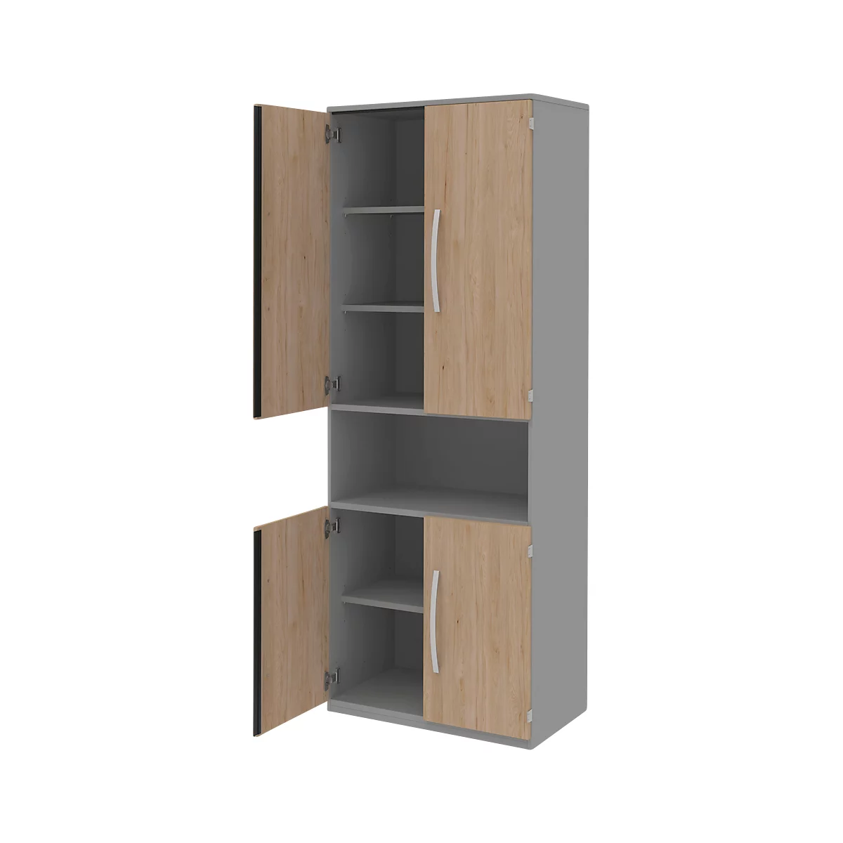Gray cabinet with wood-look doors, doors open, shelving visible.