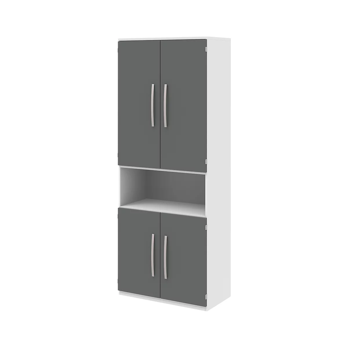 Tall cabinet with gray doors and open shelves.