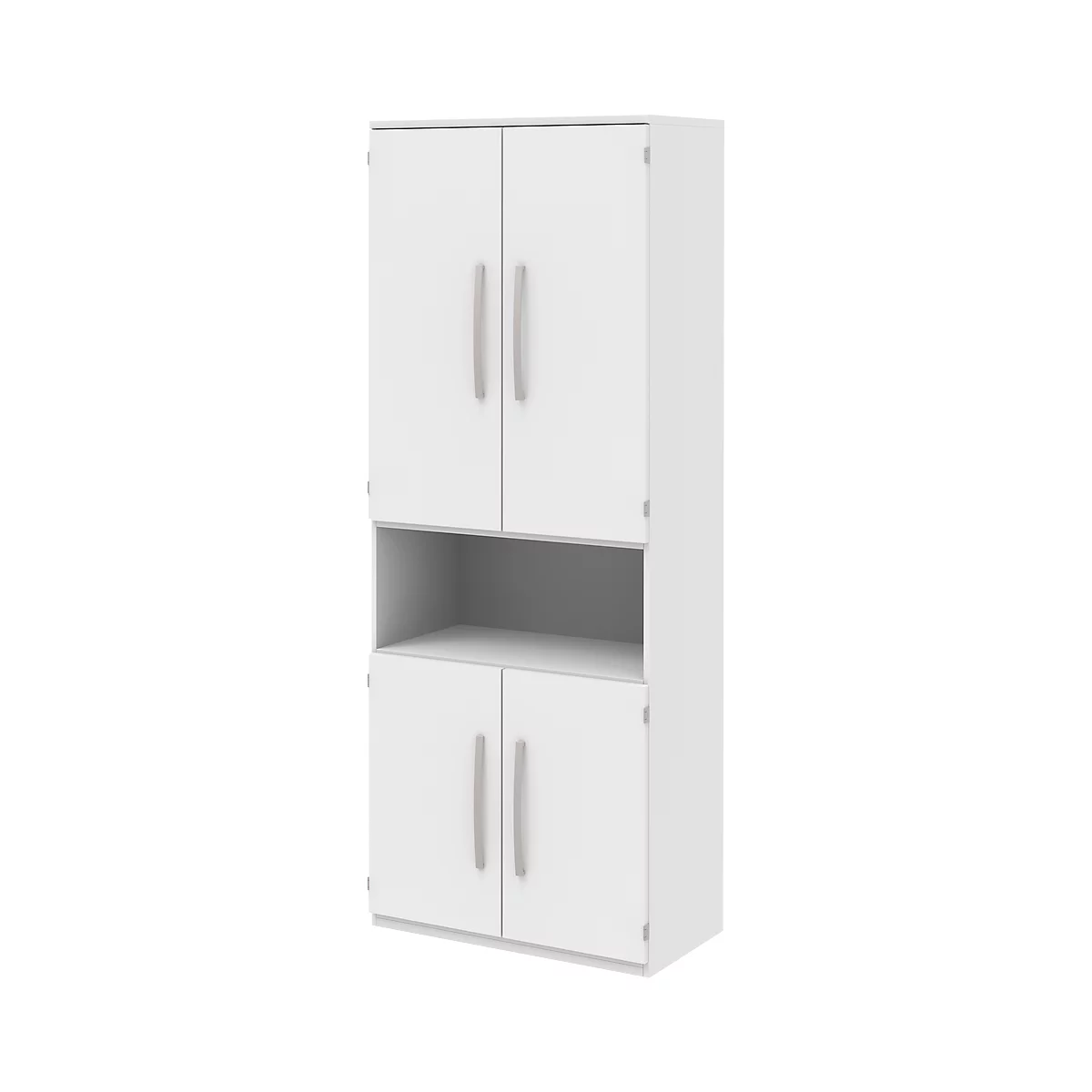 White cabinet with two doors at the top and bottom, with an open compartment in between. Metal handles.