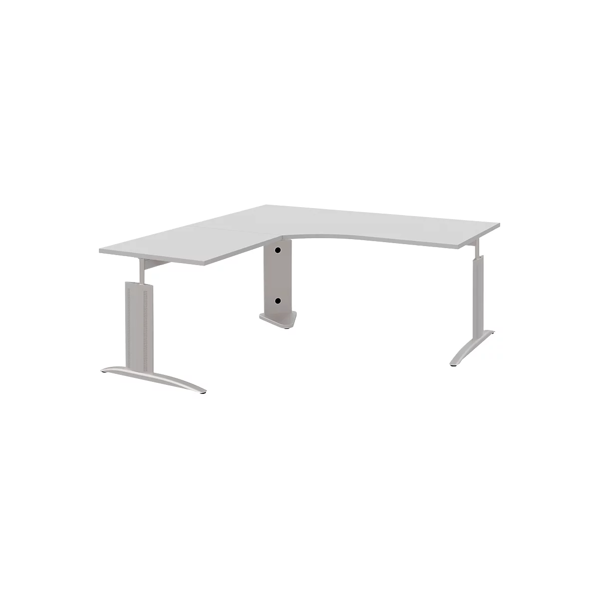 A white corner desk with height-adjustable legs, against a white background.