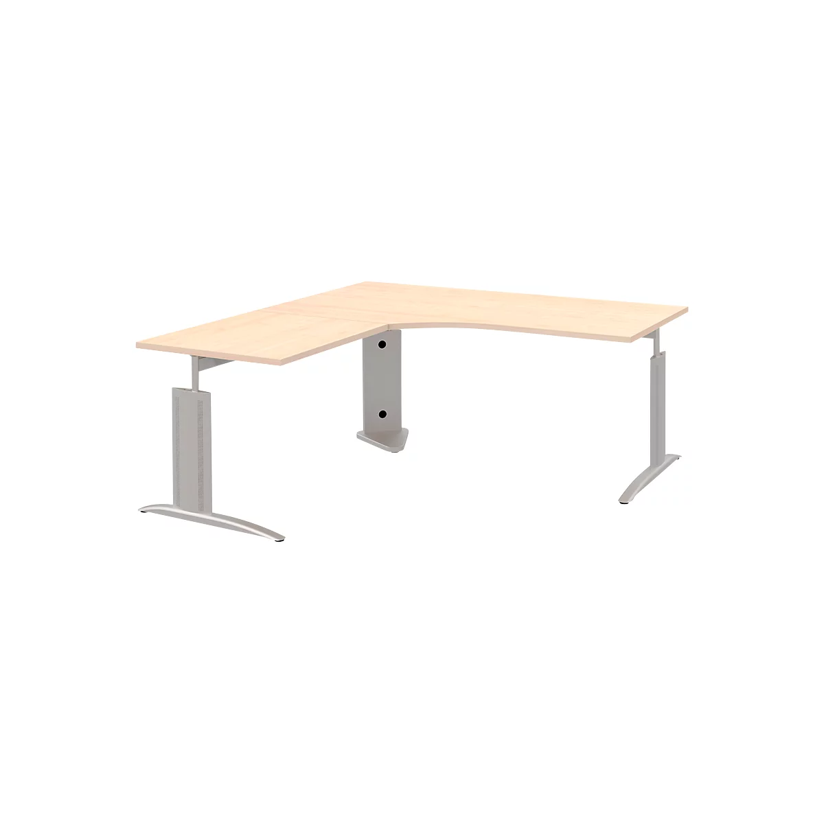 A corner desk with light wood veneer, metal legs, and height-adjustable elements.