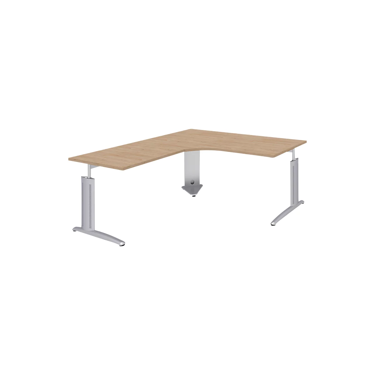 A corner desk, light brown wooden top on silver, height-adjustable legs.