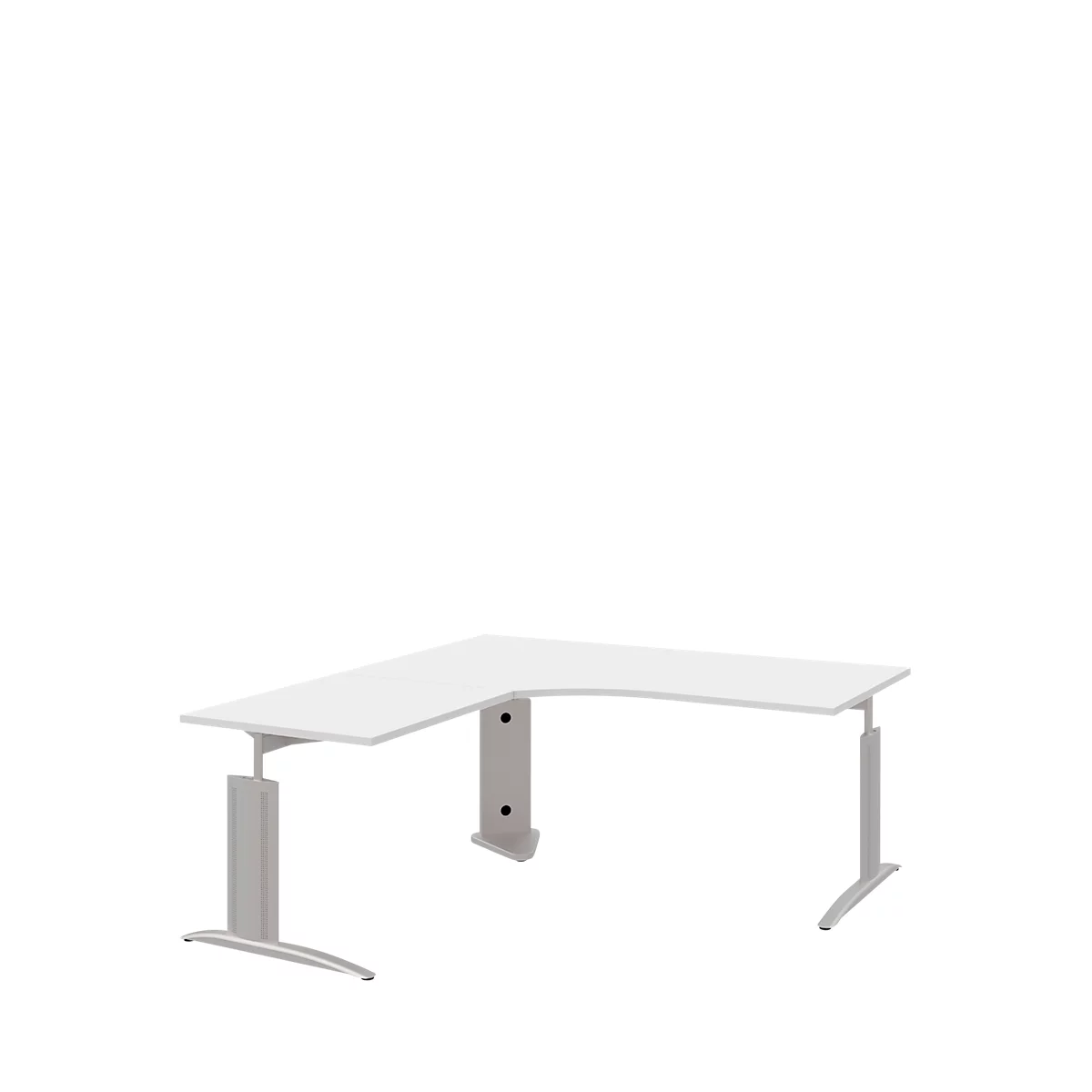 White corner desk on a white background. The desk has metallic legs.