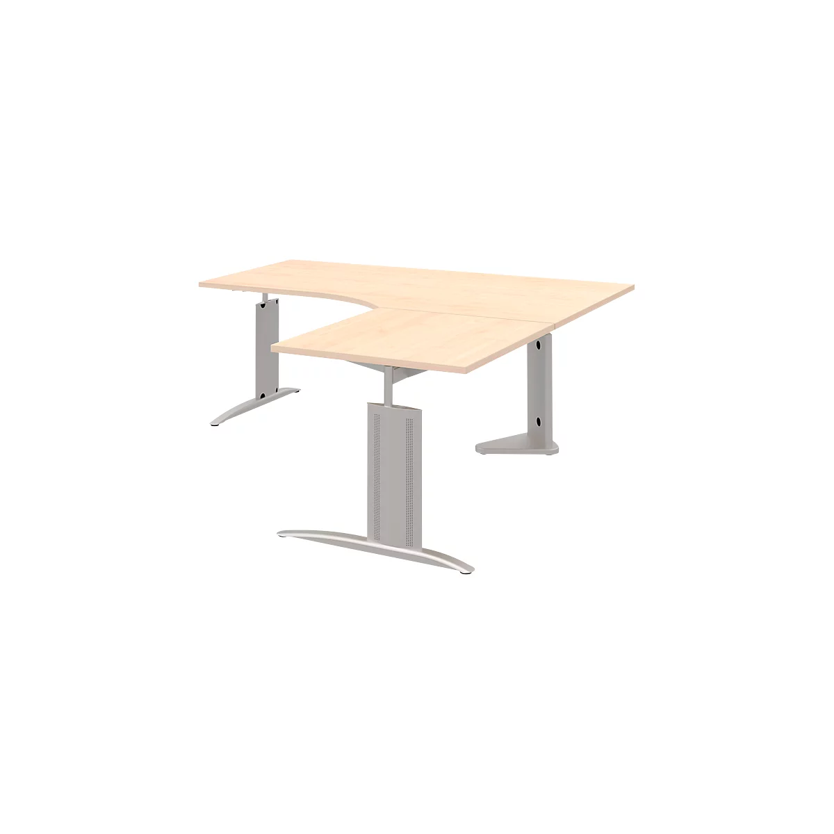 An adjustable corner desk. Light brown table top on silver columns.