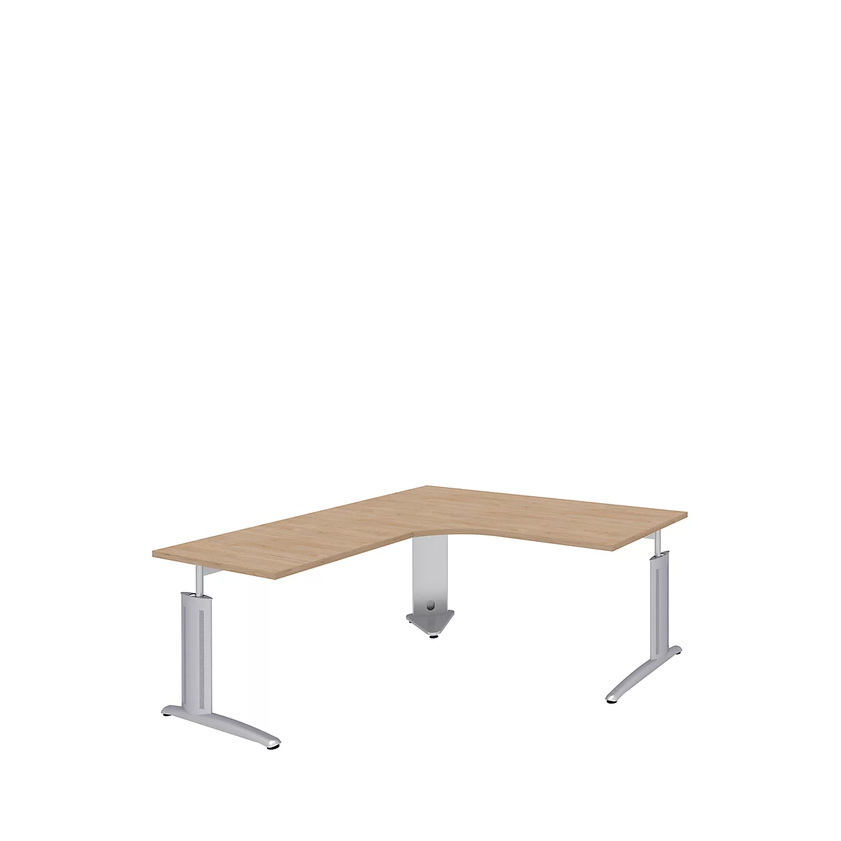 A light, wooden corner desk with silver legs on a white background.
