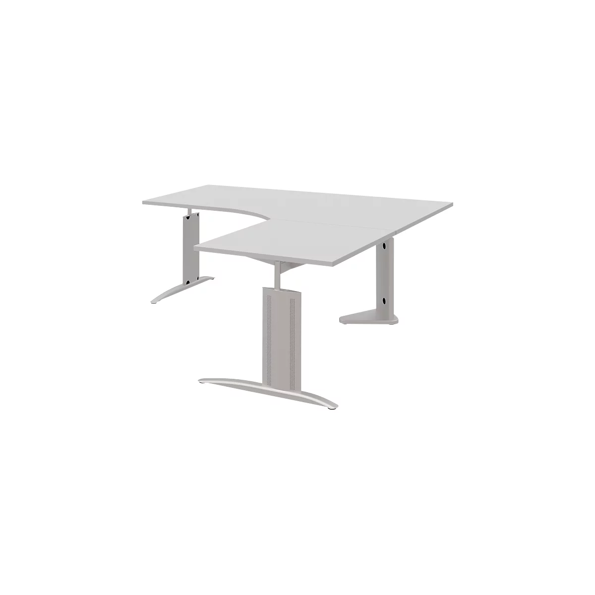 A gray ergonomic corner desk with height-adjustable legs, set against a white background.
