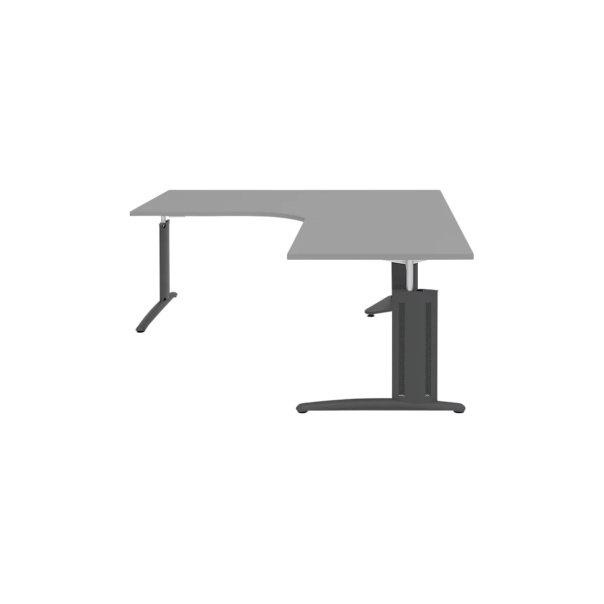 Gray corner desk with height-adjustable legs. On a light background.