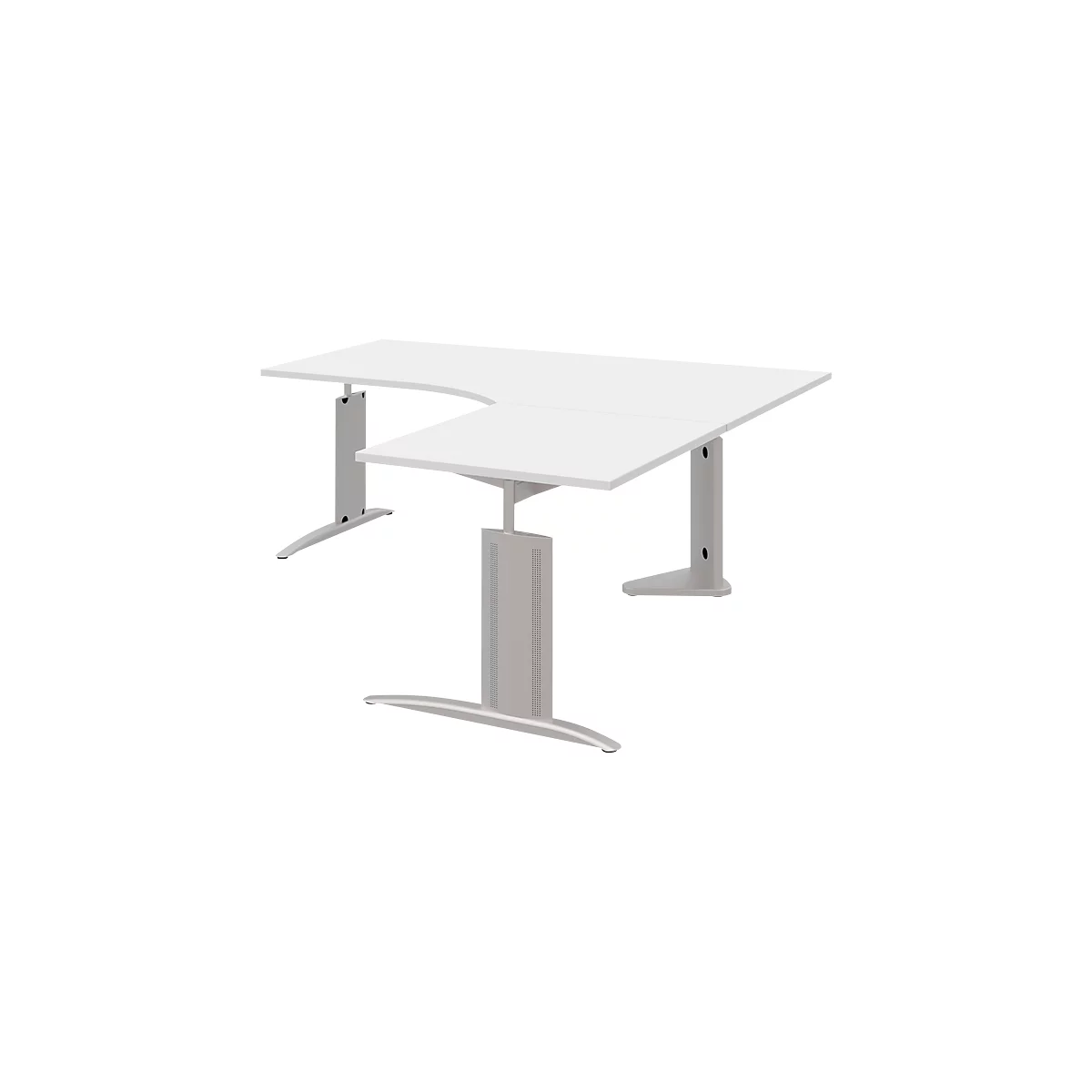 White L-shaped desk with silver legs, angled, height adjustable.