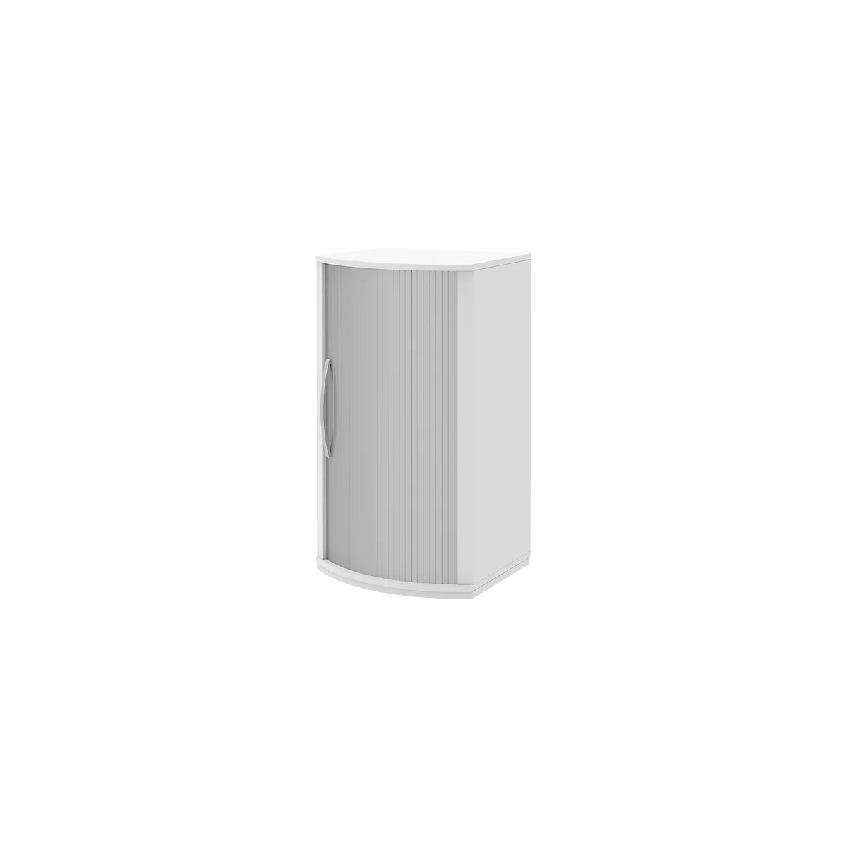 White corner cabinet with a tambour door and silver handle. The cabinet has rounded edges and is set against a white background.