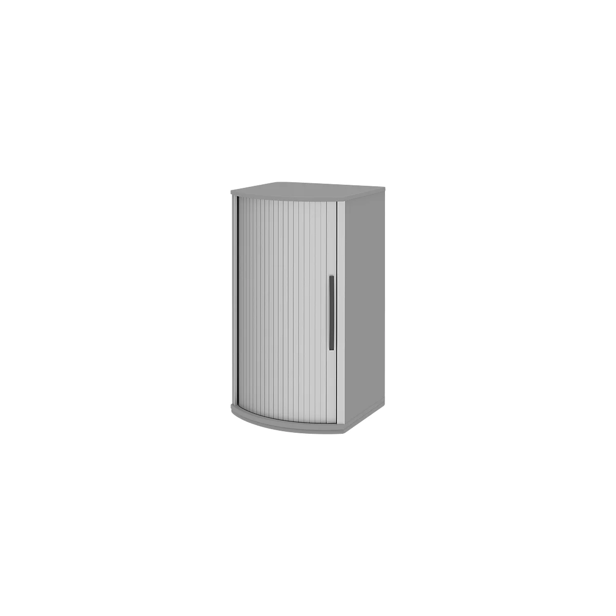 Grey corner cabinet with slatted door and handle.